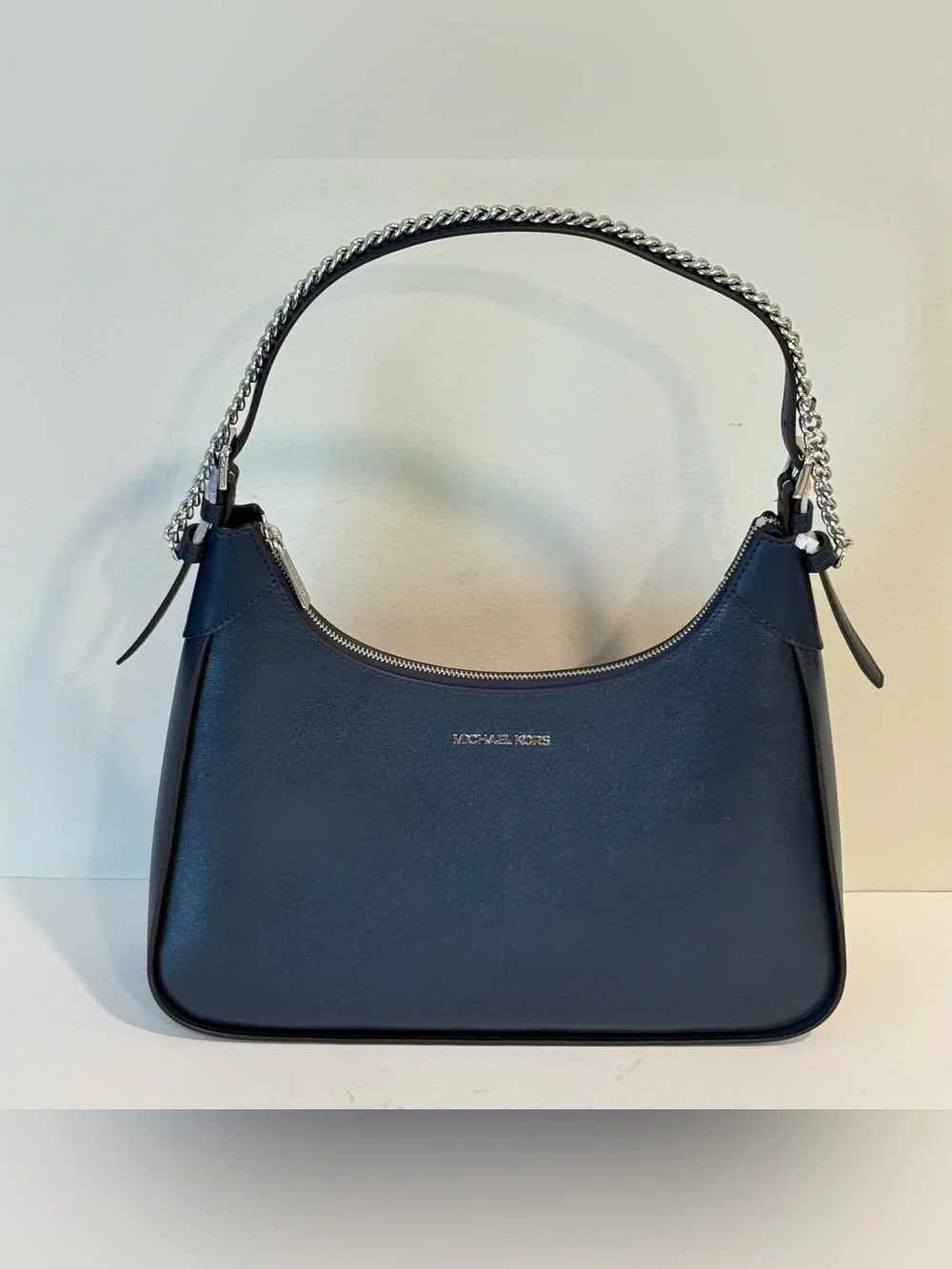 Michael Kors Wilma Navy Blue Leather Purse Silver Tone Chain Shoulder Bag